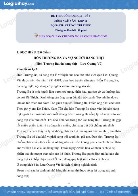 Đề thi học kì 2 Văn 11 Chân trời sáng tạo - Đề số 5